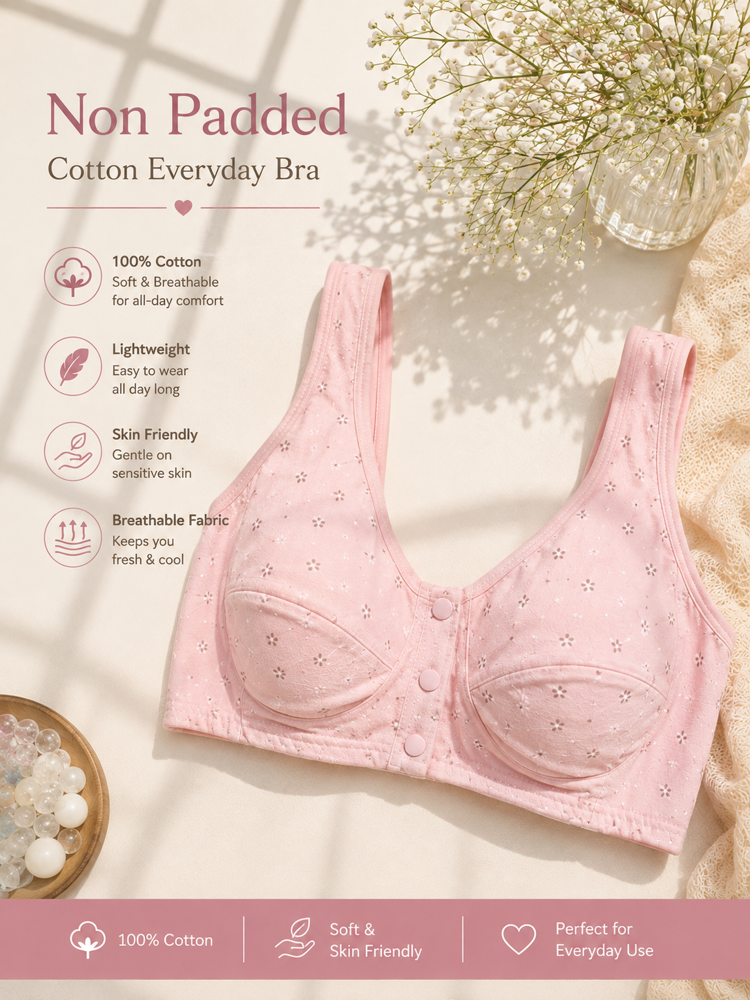 Soft Cotton Front Button Printed Bra