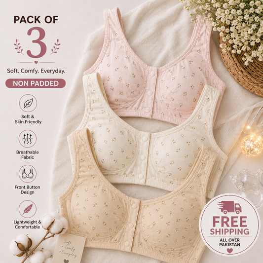 Pack of 3 - Soft Cotton Front Button Bra
