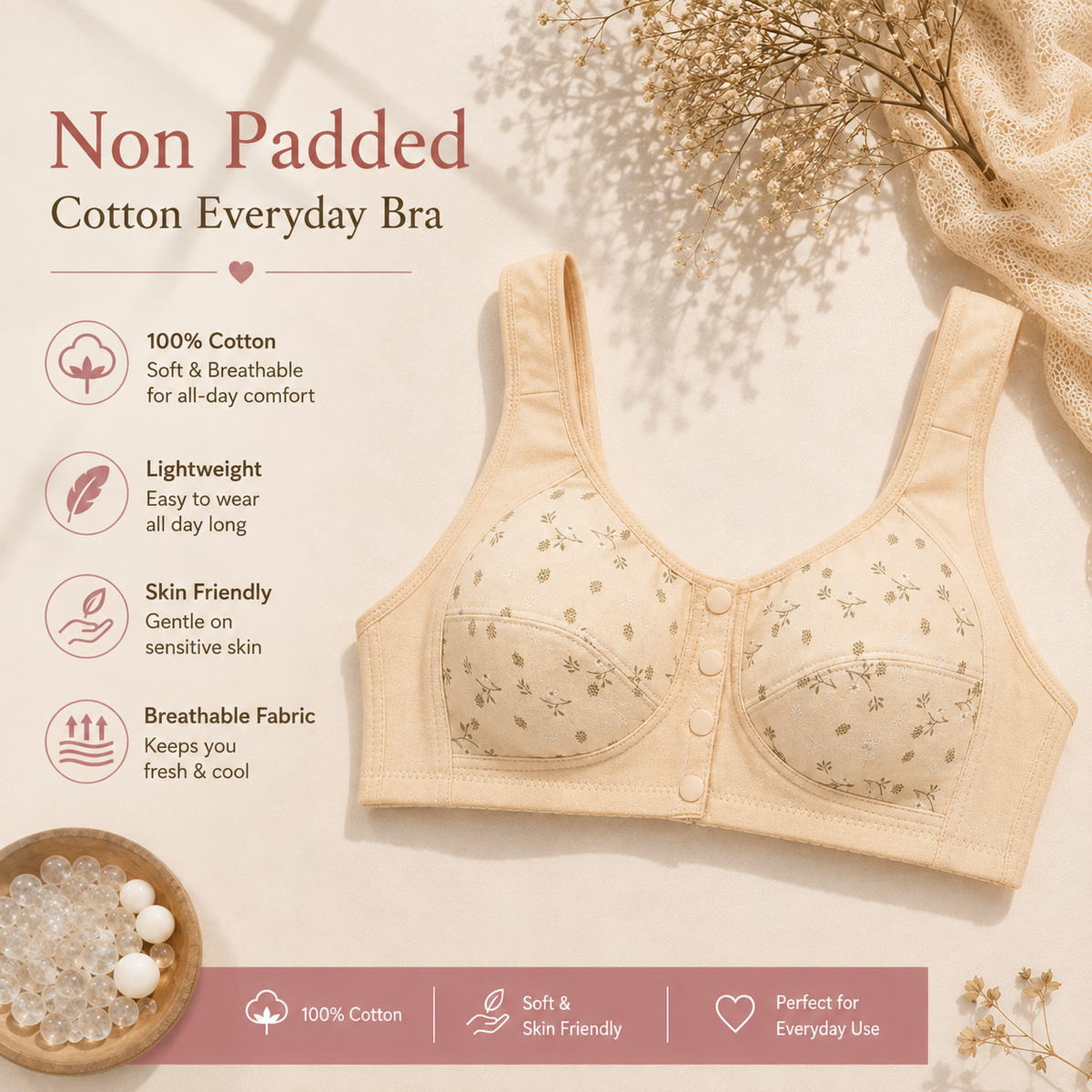Soft Cotton Front Button Printed Bra