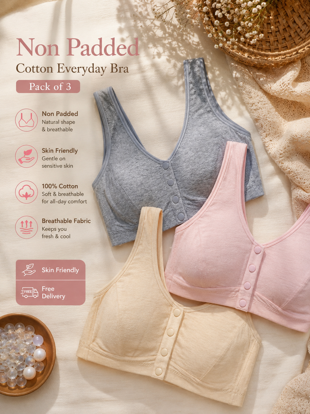 Pack of 3 - Soft Cotton Front Button Bra